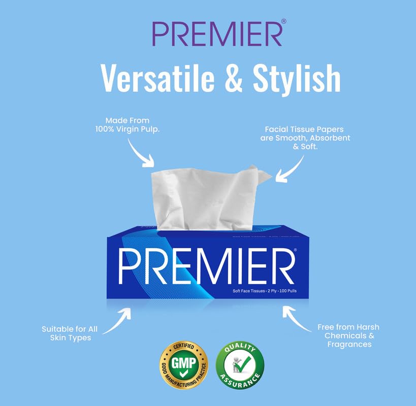 Premier 2-Ply Box Face Tissue Papers – 100 Pulls per Box (Pack of 4, 400 Pulls, 800 Sheets) –Ultra Soft, Gentle & Highly Absorbent Facial Tissues for Home, Office, Car & Travel | Blue