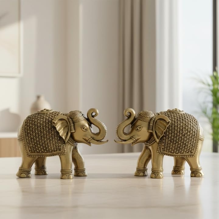 eCraftIndia Set of 2 Brass Elephant Statue Decorative Showpiece Gift for Diwali Housewarming Birthday | Elephant showpiece for Home Decor