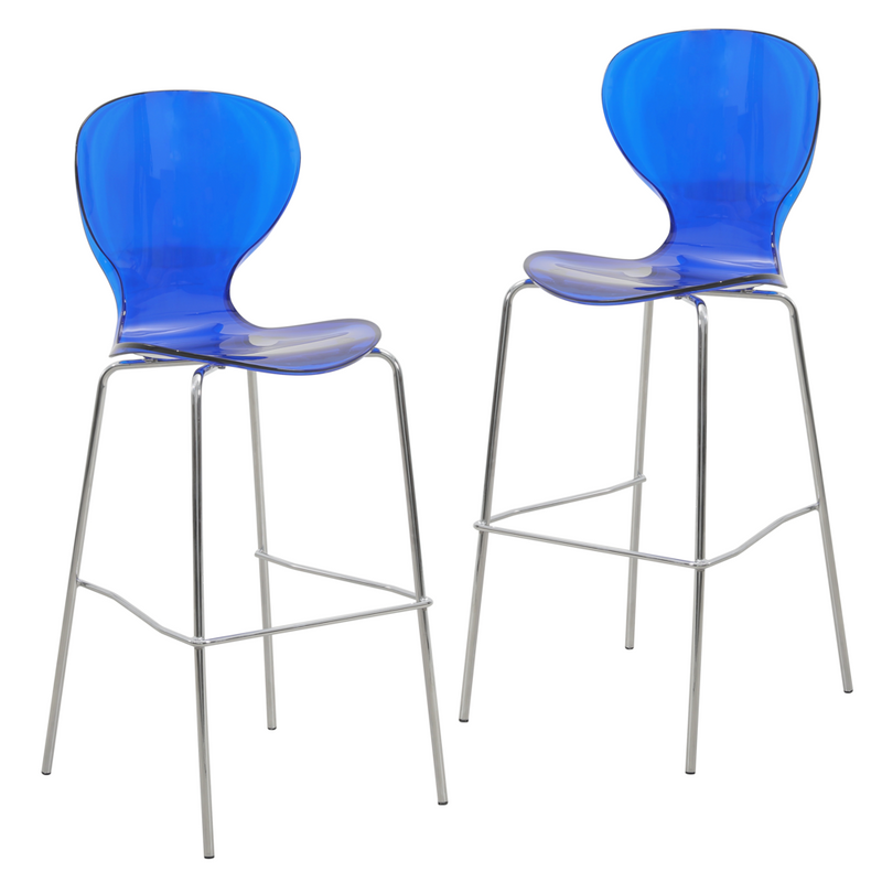 Acrylic Barstool with Steel Frame in Chrome Finish Set of 2 in Transparent Blue