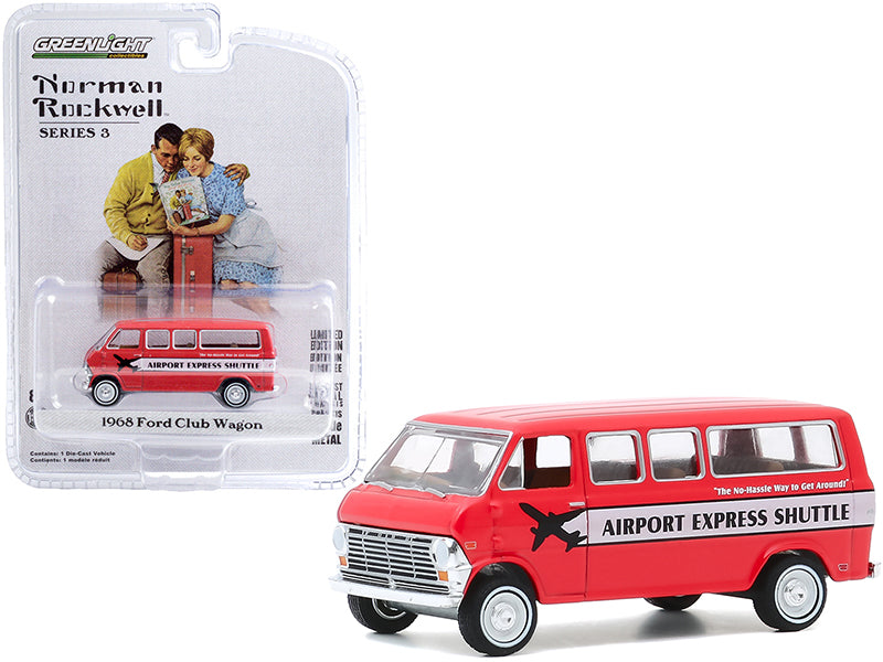 1968 Ford Club Wagon Bus Airport Express Shuttle Red with White Stripe Norman Rockwell Series 3 1/64 Diecast Model Car by Greenlight