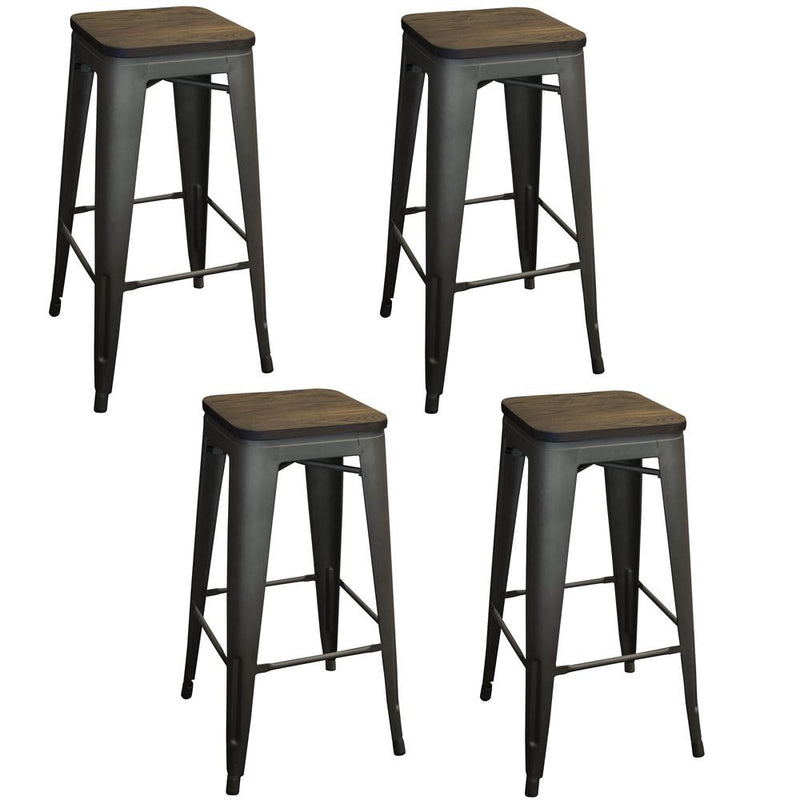 AmeriHome Loft Rustic Gunmetal 30 in. Metal Bar Stool with Wood Seat- 4 Piece