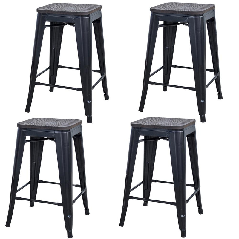 AmeriHome Black 24 in. Metal Bar Stool with Wood Seat- 4 Piece