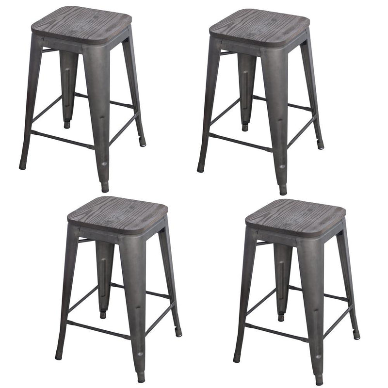 AmeriHome Rustic Gunmetal 24 in. Metal Bar Stool with Wood Seat- 4 Piece