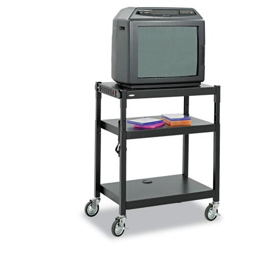 Adjustable-Height Steel AV Cart, Metal, 3 Shelves, (5) AC Outlets, 120 lb Capacity, 27.25  x 18.25  x 36.5 , Black