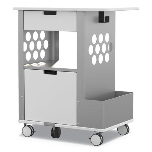 Mobile Storage Cart, Metal, 2 Shelves, 2 Drawers, 1 Bin, 150 lb Capacity, 28  x 20  x 33.5 , White