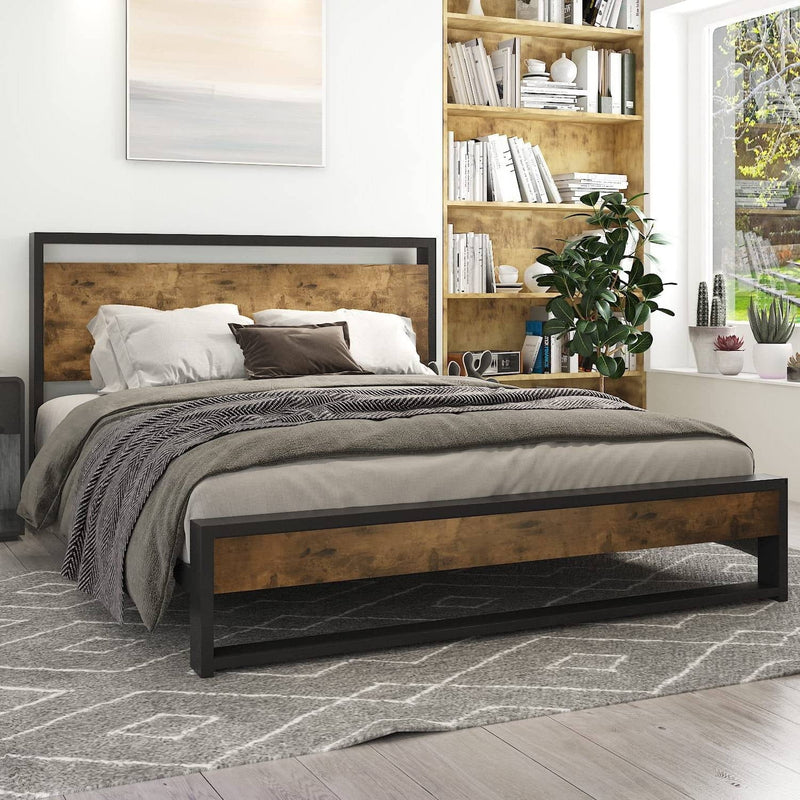 Full Modern Farmhouse Platform Bed Frame with Wood Panel Headboard Footboard