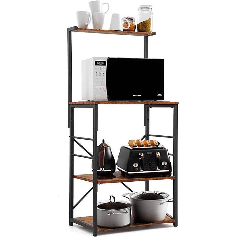 Black Metal 4-Shelf Rustic Brown Wood Kitchen Bakers Rack Microwave Stand