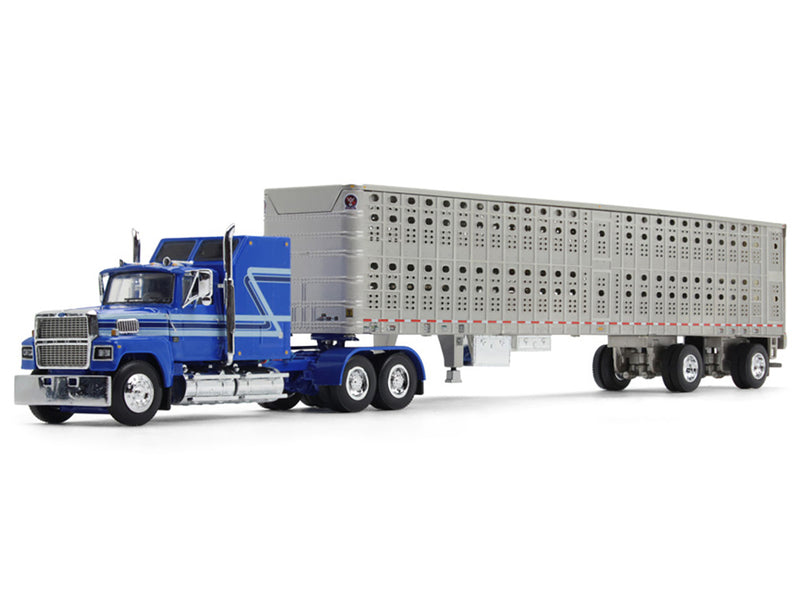 Ford LTL 9000 60" Aerodyne Sleeper with Wilson PSAL Stockmaster Livestock Trailer Blue with Stripes 1/64 Diecast Model by DCP/First Gear