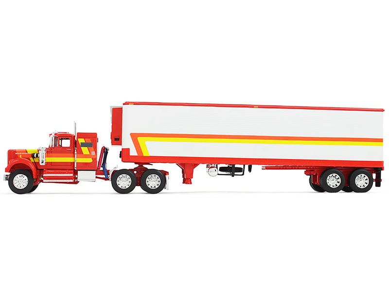 White Western Star 4900 with 36" Vintage Flat Top Sleeper and Wilson 40' Vintage Refridgerated Trailer Red and White with Stripes 1/64 Diecast Model by DCP/First Gear