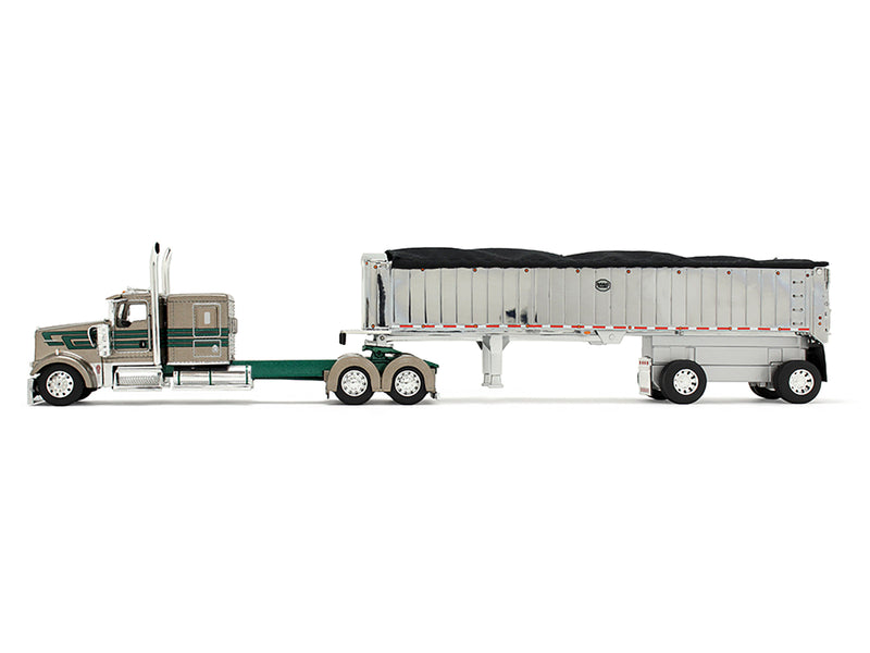 Kenworth W900L with 60" Flat Top Sleeper and MAC Coal End Dump Trailer "D&D Hauling & Excavating" Tan Metallic with Green Stripes 1/64 Diecast Model by DCP/First Gear