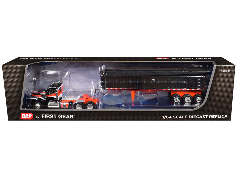 Kenworth W990 Day Cab and MAC Coal End Dump Trailer Black with Orange Graphics 1/64 Diecast Model by DCP/First Gear