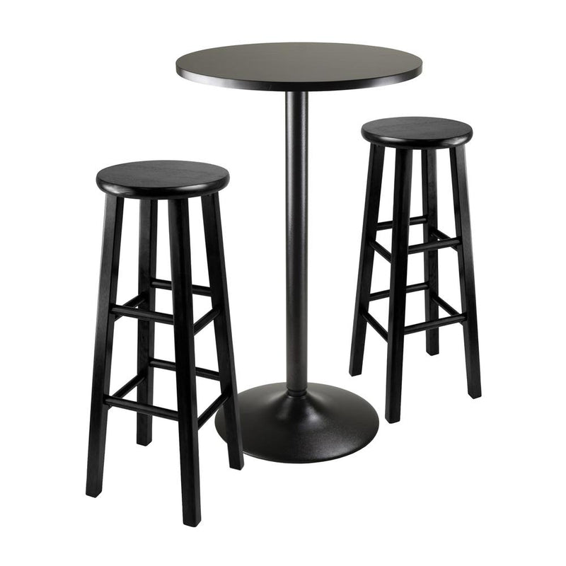 3pc Round Black Pub Table with two 29" Wood Stool Square Legs