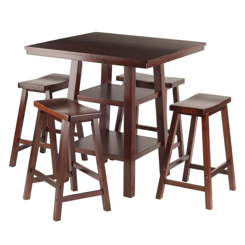 Orlando 5-Pc Set High Table, 2 Shelves w/ 4 Saddle Seat Stools