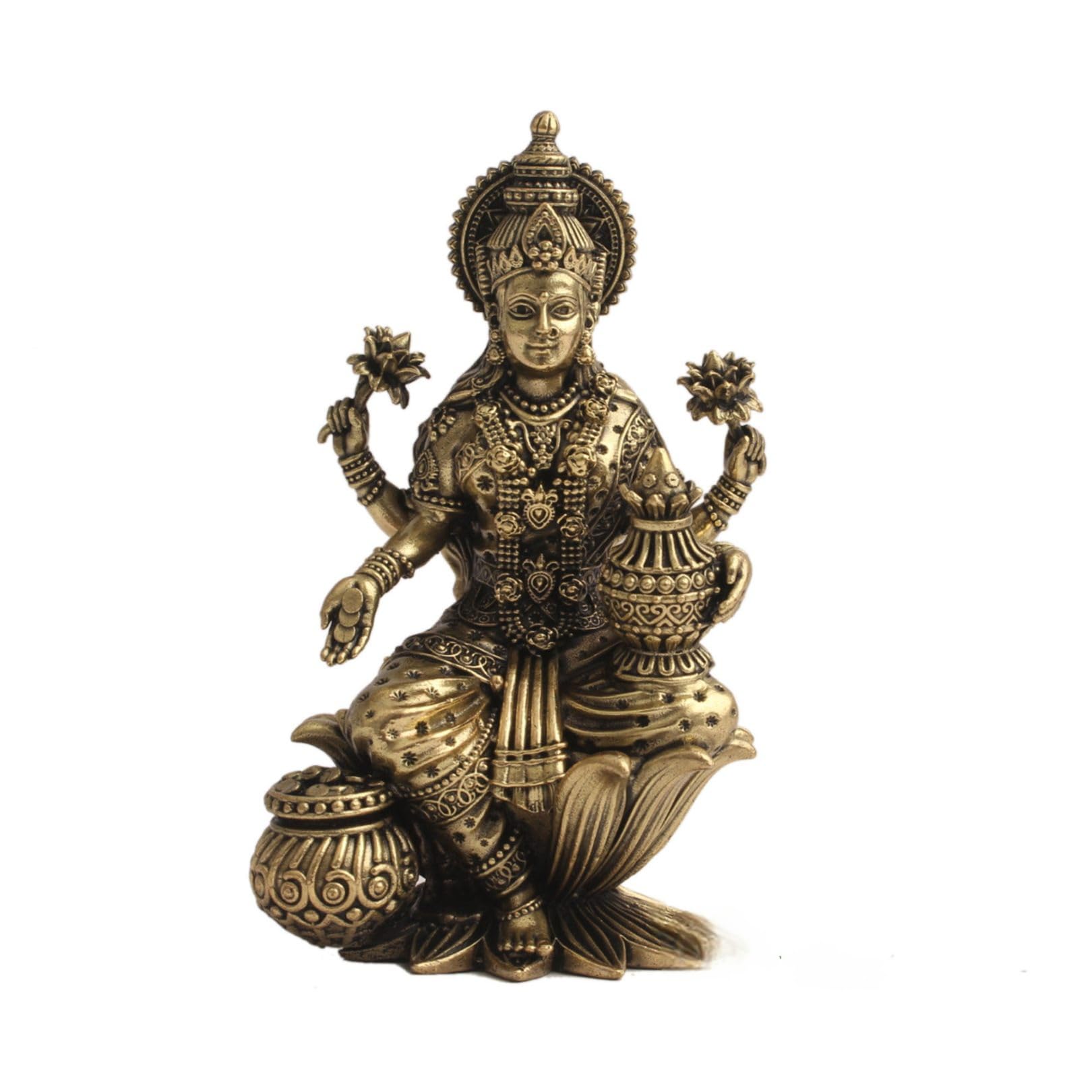 Ganeshaartsncrafts Brass 4-Inch Lakshmi On Lotus Statue – Divine Goddess of Wealth and Prosperity for Home Decor and Pooja