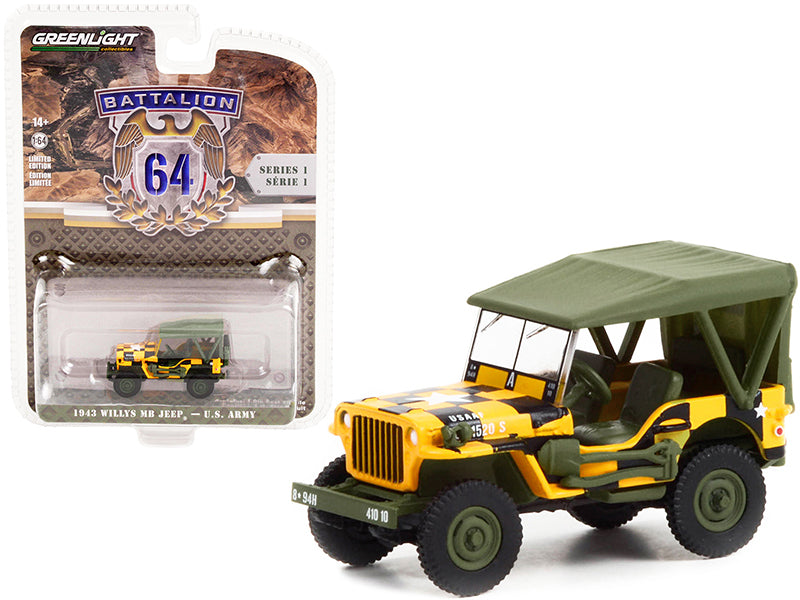 1943 Willys MB Jeep Yellow and Black with Green Top Follow Me U.S. Army Battalion 64 Release 1 1/64 Diecast Model Car by Greenlight