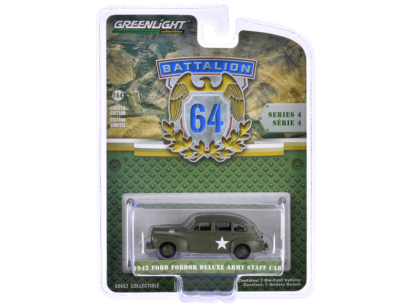 1942 Ford Fordor Deluxe Army Staff Car Matt Olive Green Battalion 64 Series 4 1/64 Diecast Model Car by Greenlight