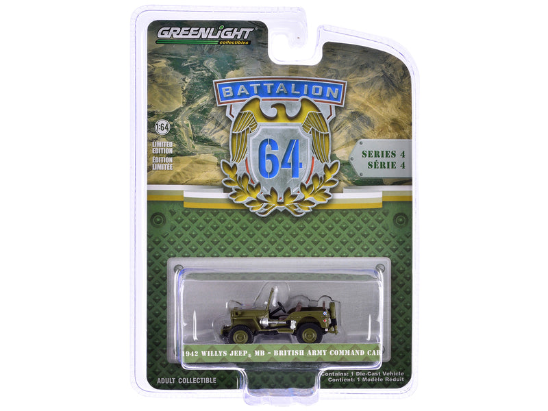 1942 Willys Jeep MB British Army Command Car Light Green Battalion 64 Series 4 1/64 Diecast Model Car by Greenlight