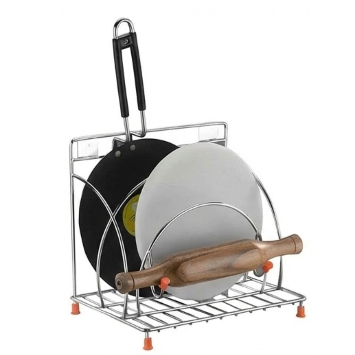 Stainless Steel 4-in-1 Chakla Belan Tawa Chimta Stand | Wall Mounted Kitchen Organizer Rack for Rolling Pin Board Tong & Tawa | Space Saving Corner Shelf