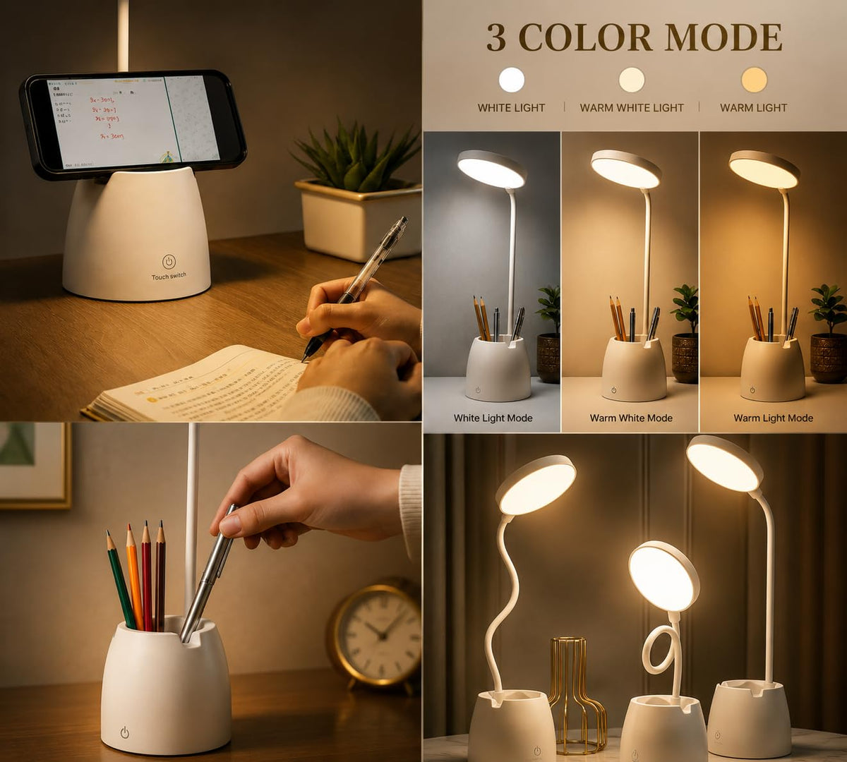 BKK Rechargeable LED Study Table Lamp with Touch Sensor 6 Month Warranty 3 Color Modes & Stepless Dimming, Portable USB Desk Light for Study, Reading & Bedside