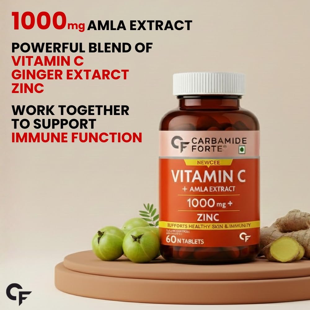 Carbamide Forte Natural Vitamin C Tablets | 1000mg Amla Extract With Zinc | Vitamin C Supplement for Immunity, Antioxidant, Collagen Formation & Skin Health | Pharma Grade | 60 Tablets