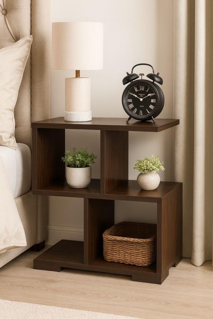 Wooden Bedside Table for Bedroom | Modern Side Table for Living Room | Small Nightstand/End Table with Open Shelf | Compact Table for Home (Brown,)