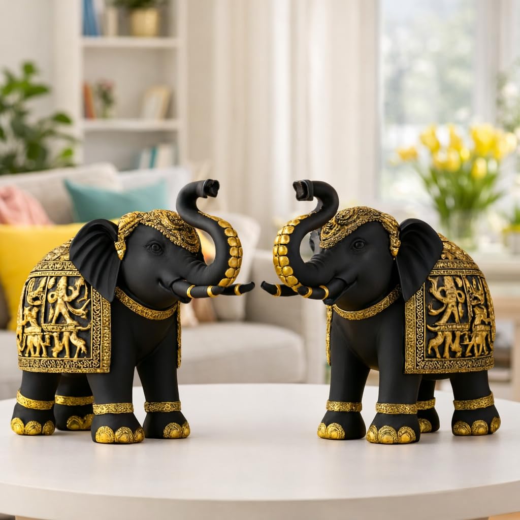 Decorative Elephant Showpiece Figurines, Black and Gold, Set of 2, Home Decor Statue with Traditional Design SIZE-23X9X20 CM