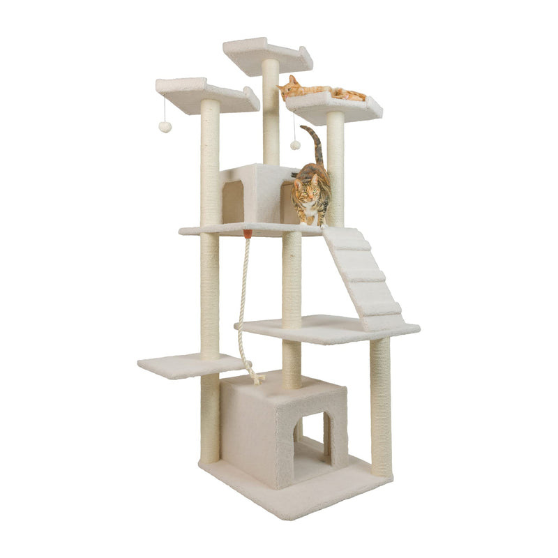 Armarkat B8201 Classic Real Wood Cat Tree In Ivory, Jackson Galaxy Approved, Multi Levels With Ramp, Three Perches, Rope Swing, Two Condos