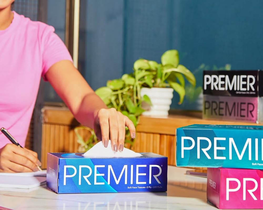 Premier 2-Ply Box Face Tissue Papers – 100 Pulls per Box (Pack of 4, 400 Pulls, 800 Sheets) –Ultra Soft, Gentle & Highly Absorbent Facial Tissues for Home, Office, Car & Travel | Blue