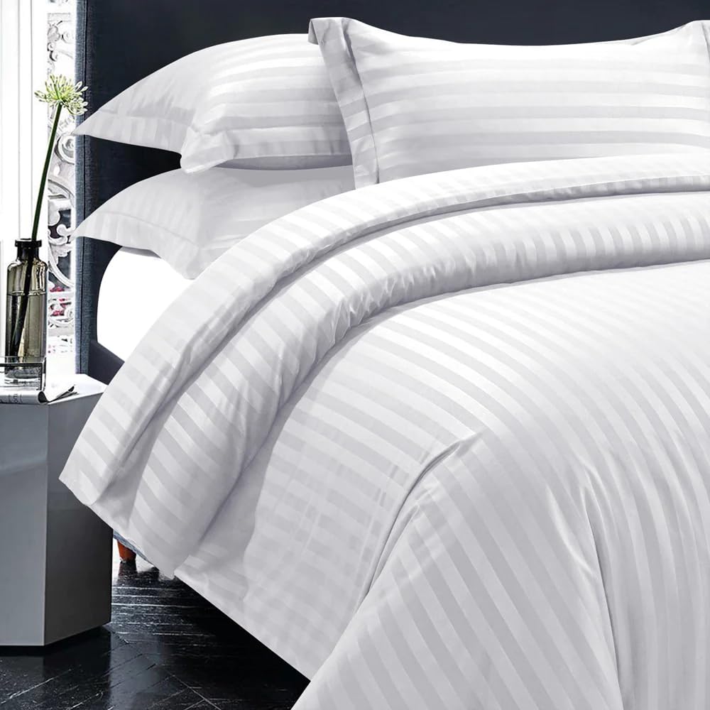 LINENWALAS 300TC Duvet Cover Double Bed Premium Cotton Stripes -Quilt/Comforter Cover- 90x100 Inches, Razai Blanket Cover for Double Bed (White)