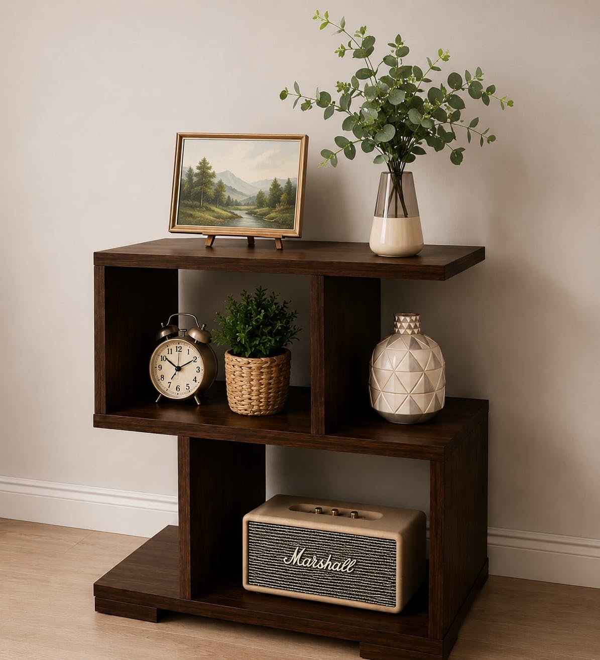 Wooden Bedside Table for Bedroom | Modern Side Table for Living Room | Small Nightstand/End Table with Open Shelf | Compact Table for Home (Brown,)