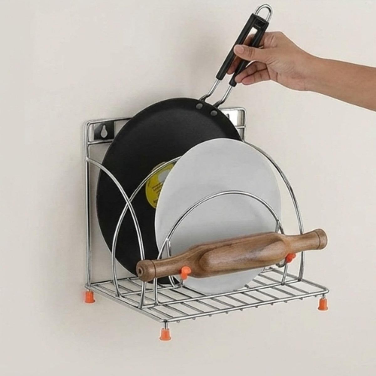 Stainless Steel 4-in-1 Chakla Belan Tawa Chimta Stand | Wall Mounted Kitchen Organizer Rack for Rolling Pin Board Tong & Tawa | Space Saving Corner Shelf