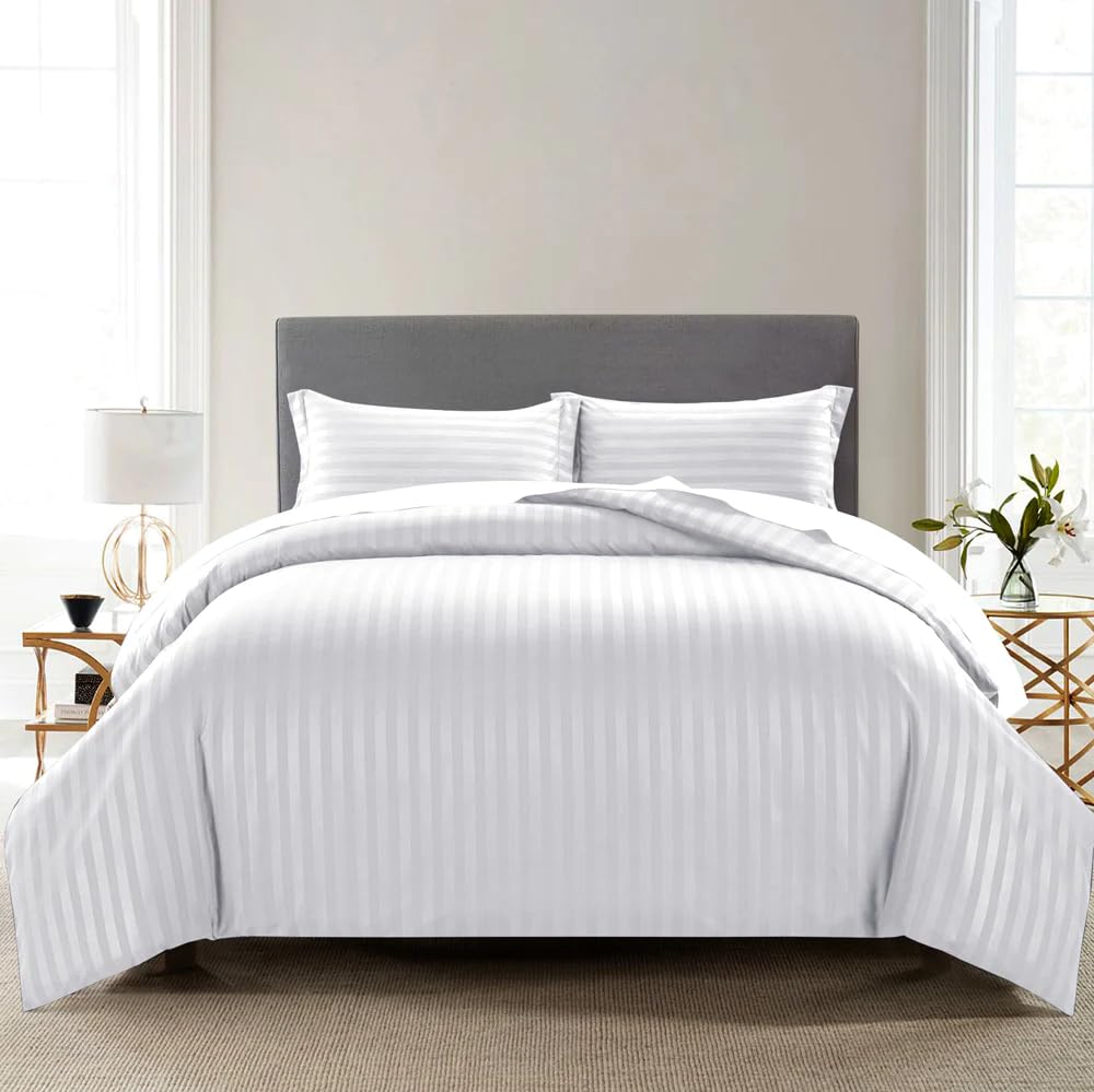 LINENWALAS 300TC Duvet Cover Double Bed Premium Cotton Stripes -Quilt/Comforter Cover- 90x100 Inches, Razai Blanket Cover for Double Bed (White)
