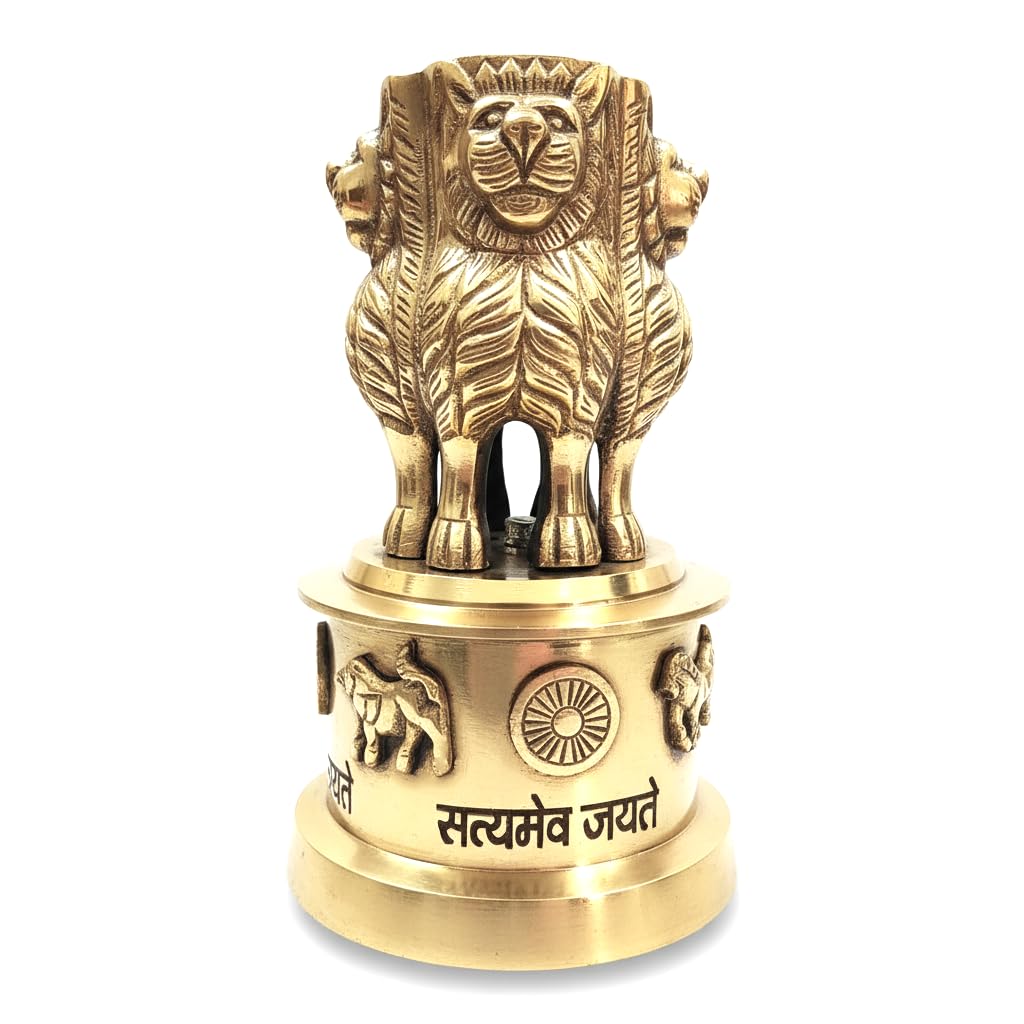 Dhevoo Crafts Pure Brass Ashoka Stambh Ashoka Pillar Sarnath Showpiece Premium Heavy Brass Idol for Home, Office & Advocate Table Decor