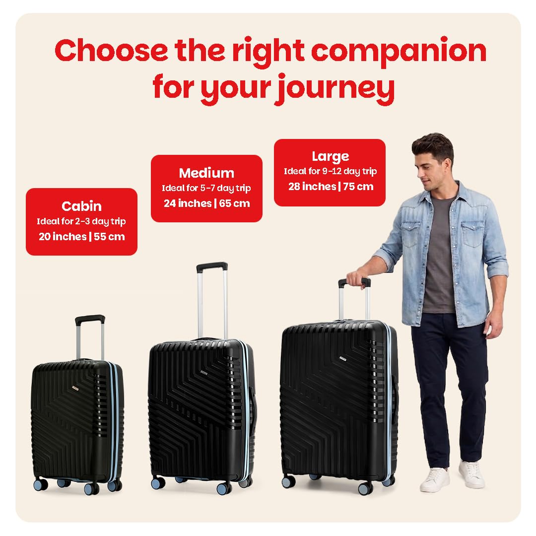 Core Medium Check-in Suitcase 65cm 24 inch Polypropylene Hard Trolley Bag, 8 Spinner Wheels, Recessed Number Lock, Lightweight Luggage for Men & Women Midnight Black/Arctic Blue