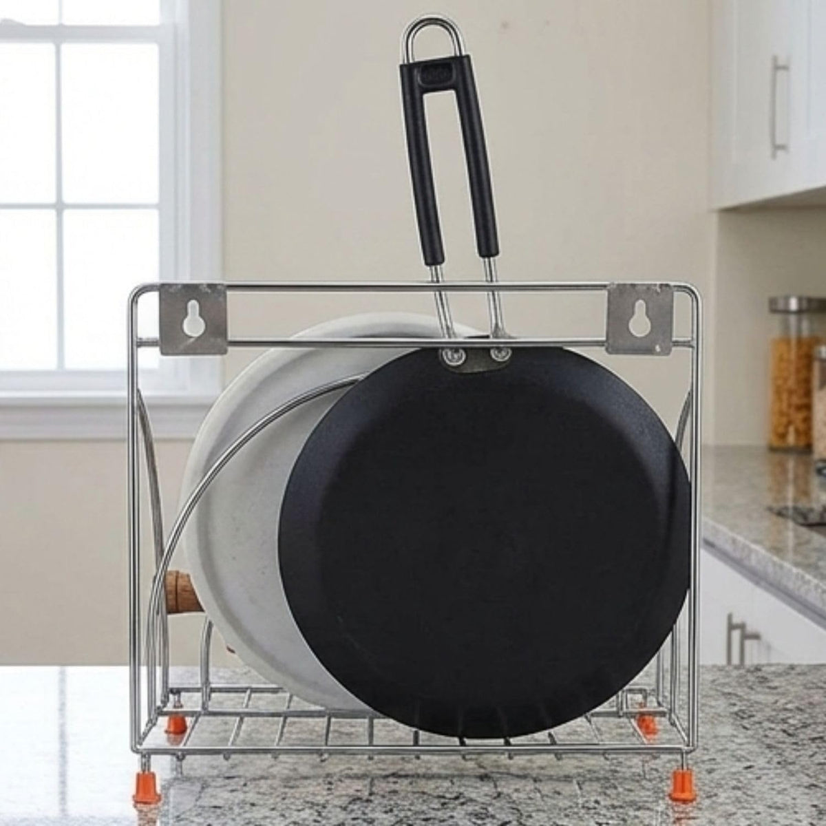 Stainless Steel 4-in-1 Chakla Belan Tawa Chimta Stand | Wall Mounted Kitchen Organizer Rack for Rolling Pin Board Tong & Tawa | Space Saving Corner Shelf