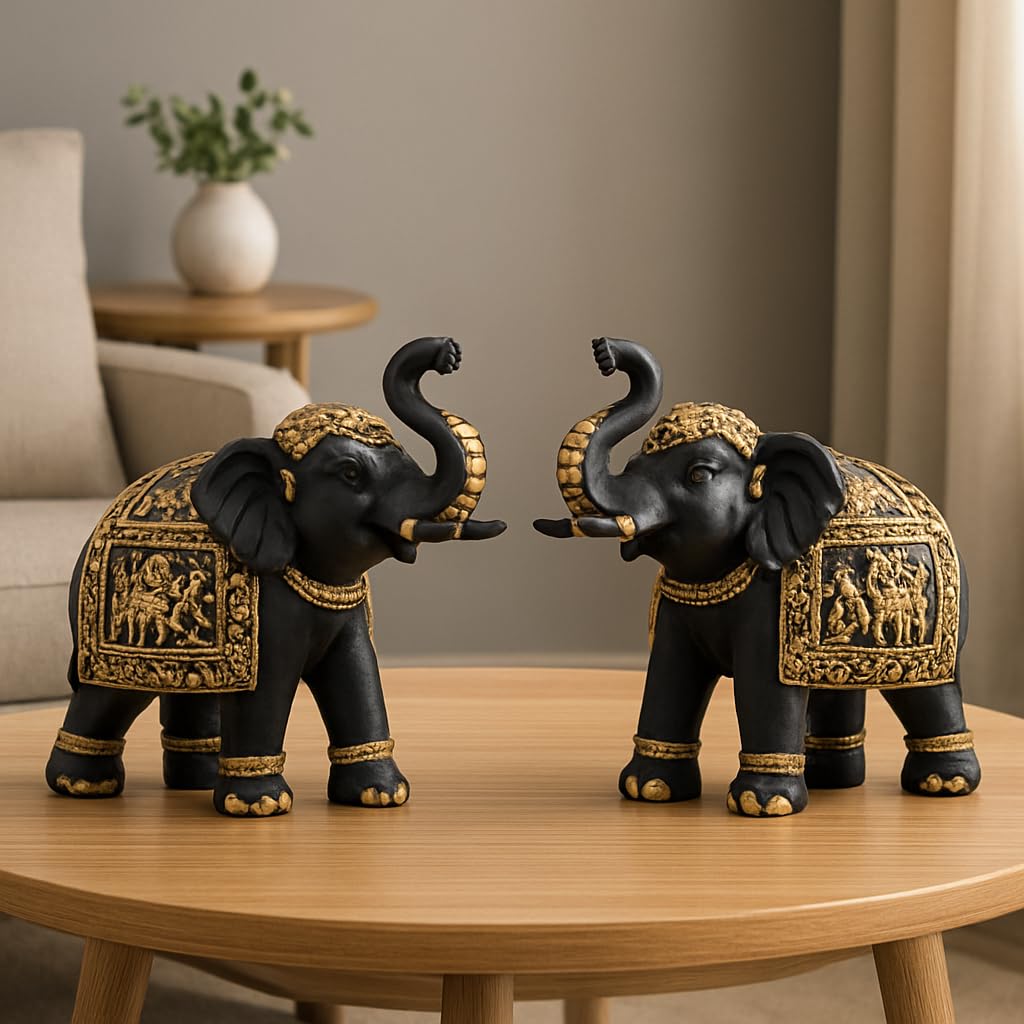Decorative Elephant Showpiece Figurines, Black and Gold, Set of 2, Home Decor Statue with Traditional Design SIZE-23X9X20 CM