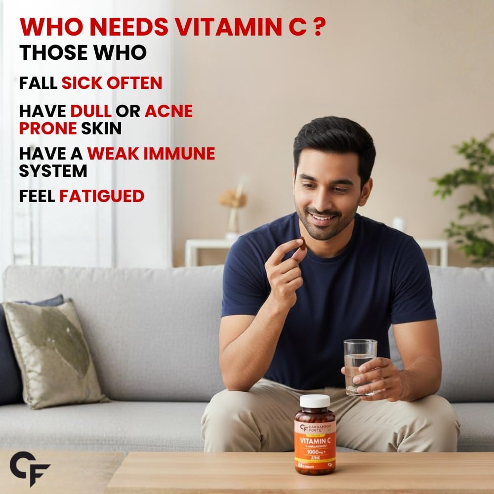 Carbamide Forte Natural Vitamin C Tablets | 1000mg Amla Extract With Zinc | Vitamin C Supplement for Immunity, Antioxidant, Collagen Formation & Skin Health | Pharma Grade | 60 Tablets
