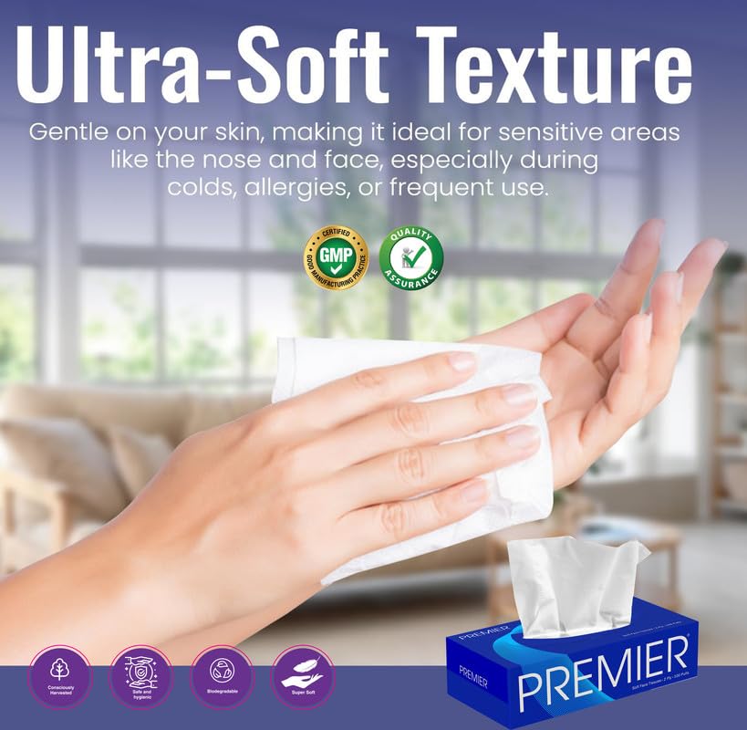 Premier 2-Ply Box Face Tissue Papers – 100 Pulls per Box (Pack of 4, 400 Pulls, 800 Sheets) –Ultra Soft, Gentle & Highly Absorbent Facial Tissues for Home, Office, Car & Travel | Blue
