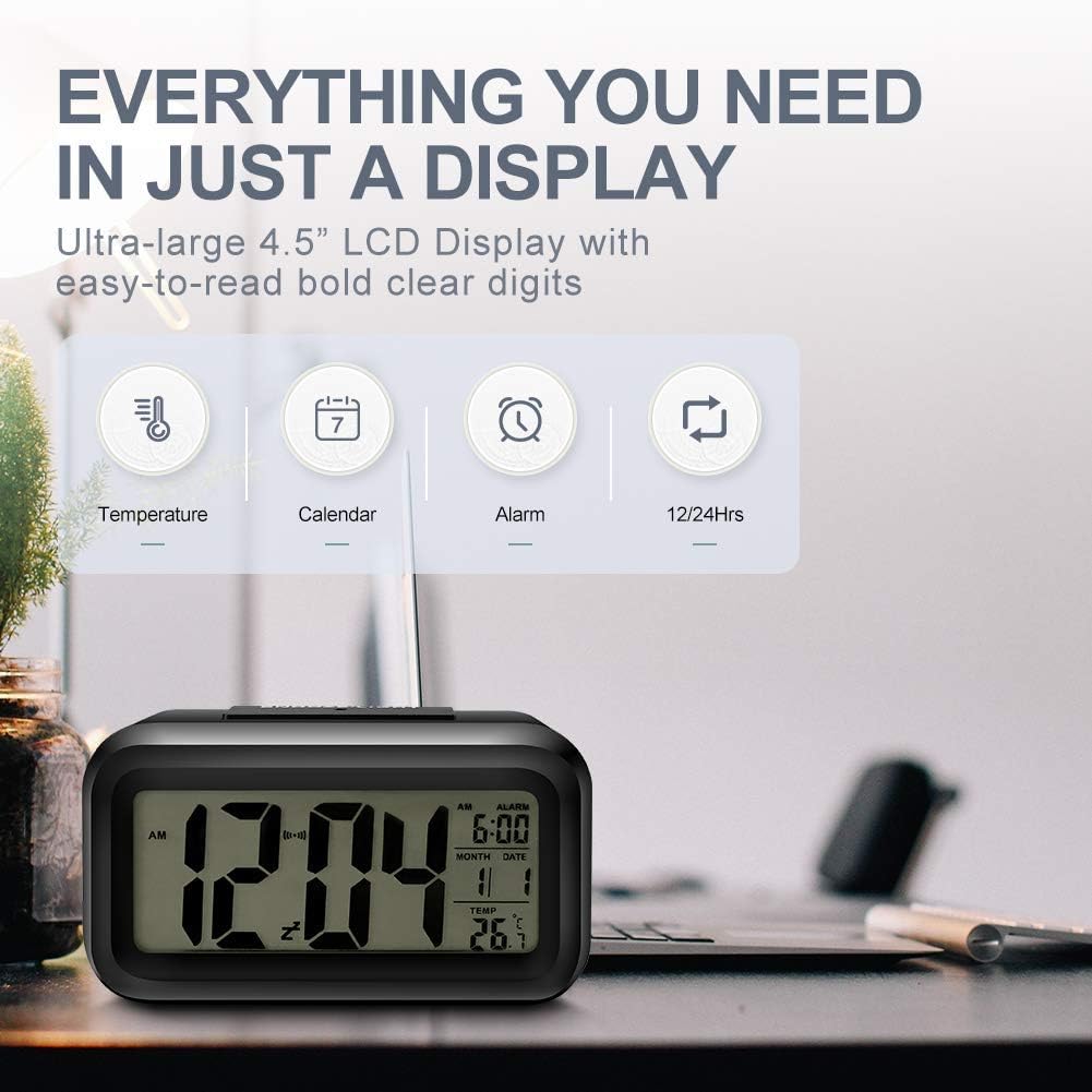 AERYS Digital Alarm Clock with 1 Year Warranty, Night Sensor, Date and Temperature Display, Desk Table Clock for Students, Home, Office, Bedroom, Living Room,Home Decor, Corporate Use (Black Digital)