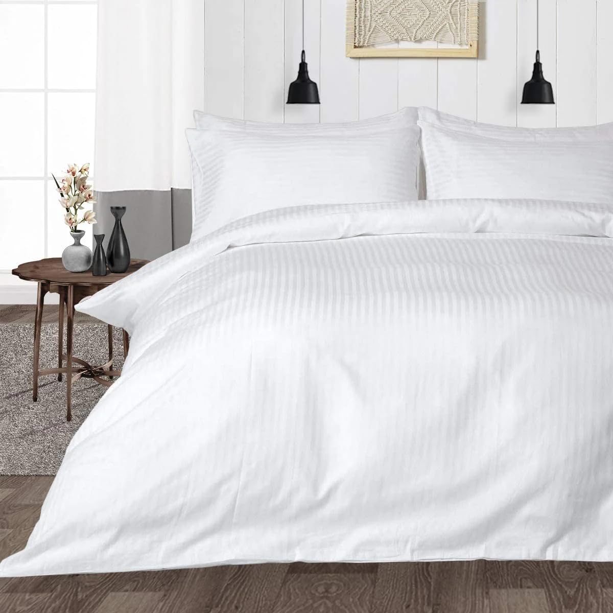 LINENWALAS 300TC Duvet Cover Double Bed Premium Cotton Stripes -Quilt/Comforter Cover- 90x100 Inches, Razai Blanket Cover for Double Bed (White)