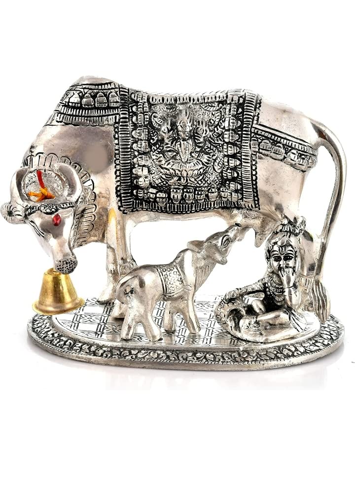 LABHCART Handcrafted Brass Action Golden Kamdhenu Cow with Calf,Vastu Gau MATA Idol,Spiritual Vastu Nandi Pooja Figurine Sculpture,Kamdhenu Cow&Calf Idol for Home and Office