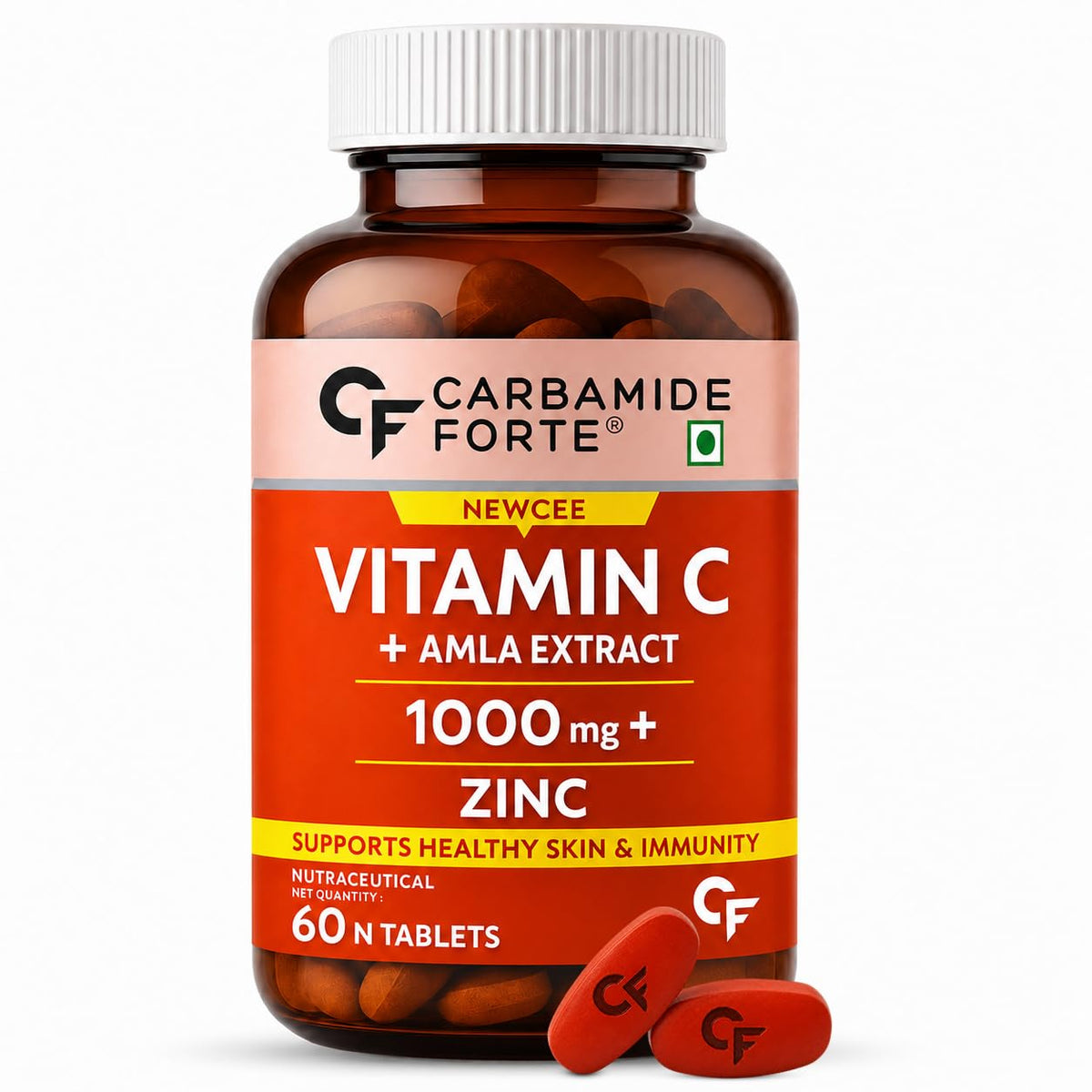 Carbamide Forte Natural Vitamin C Tablets | 1000mg Amla Extract With Zinc | Vitamin C Supplement for Immunity, Antioxidant, Collagen Formation & Skin Health | Pharma Grade | 60 Tablets