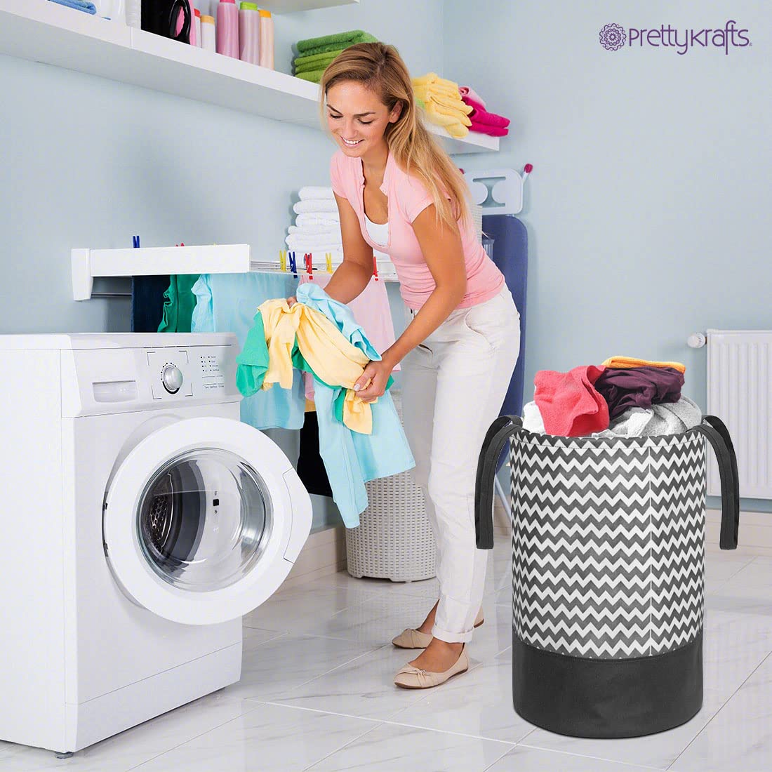 PrettyKrafts F1246 Canvas Laundry Bag, Toy Storage, Laundry Storage (45 L) (Set of 2 Pieces)- Black Wave