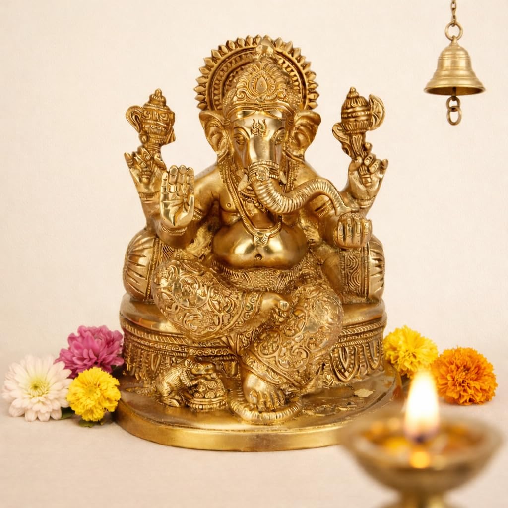 ARTVARKO Brass Ganesha Statue Ganesh Idol for Home Décor Living Room Office Year Gifts God Ganpati Vastu Murti Showpiece Religious Temple 7.5
