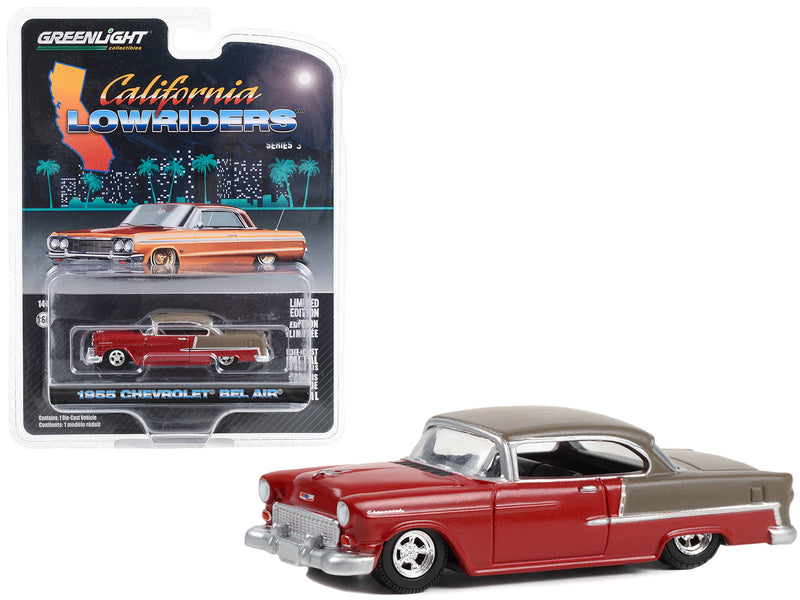 1955 Chevrolet Bel Air Lowrider Ruby Red and Matt Bronze California Lowriders Series 3 1/64 Diecast Model Car by Greenlight