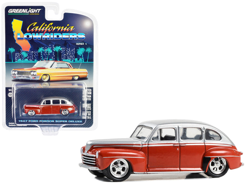 1947 Ford Fordor Super Deluxe Lowrider Red and Silver Metallic California Lowriders Series 4 1/64 Diecast Model Car by Greenlight