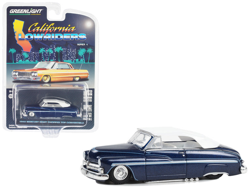 1950 Mercury Eight Chopped Top Convertible Lowrider Dark Blue Metallic with Light Blue Pinstripes and White Top and Interior California Lowriders Series 4 1/64 Diecast Model Car by Greenlight