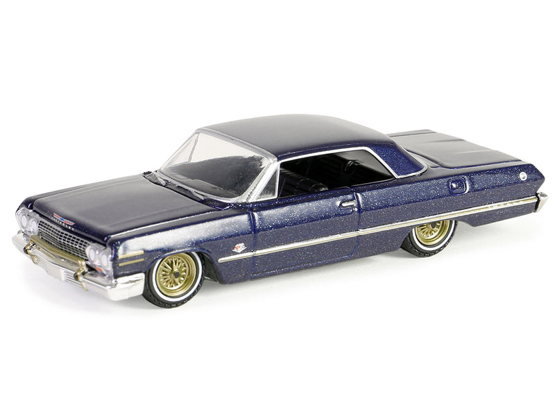 1963 Chevrolet Impala Lowrider Dark Blue Metallic with Gold Wheels California Lowriders Series 5 1/64 Diecast Model Car by Greenlight