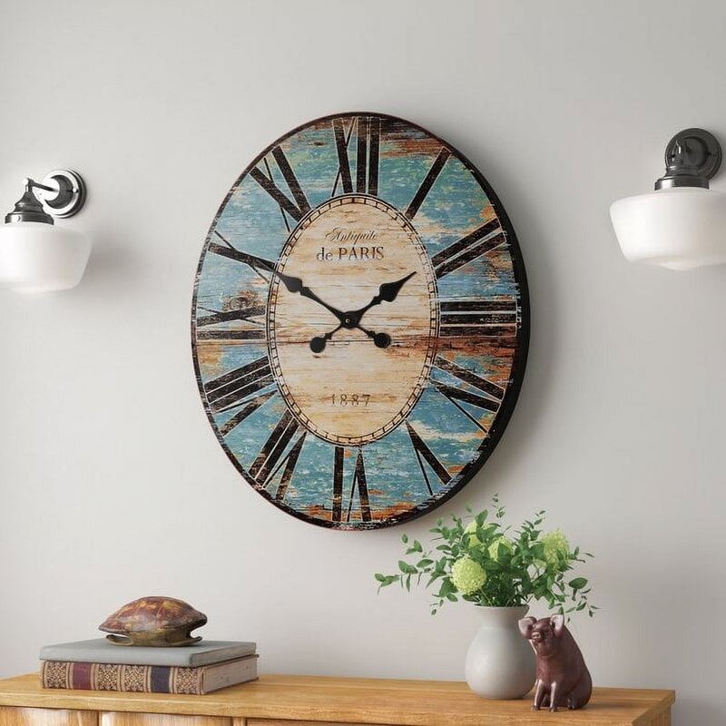 Turquoise Oversized Distressed Paris Wood Wall Clock