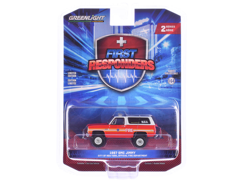 1987 GMC Jimmy "FDNY (The Official Fire Department City of New York) M.E.U. (Medical Equipment Unit)" Red and White "First Responders" Series 2  1/64 Diecast Model Car by Greenlight